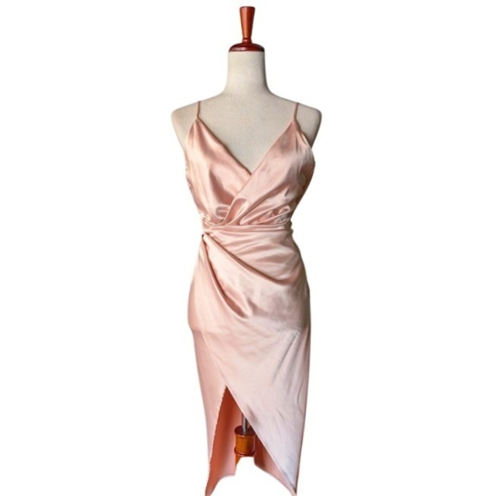 House of CB Coco Nude Pink Satin Draped Wrap Midi Dress XS New With Tags